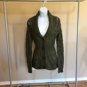 Olive green cable knit cardigan.